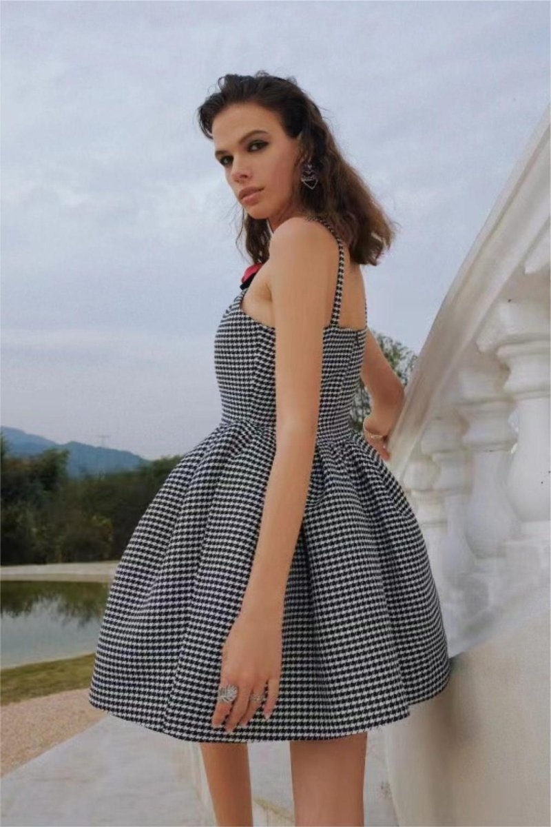 Elevated Harriet a Line Mini Dress with Houndstooth Rose Bow Trim Chic Silhouette Collection