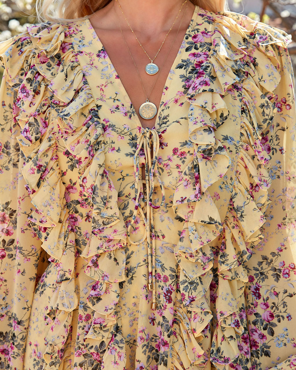 Namira Flower Ruffle Lace Up Dress Yellow