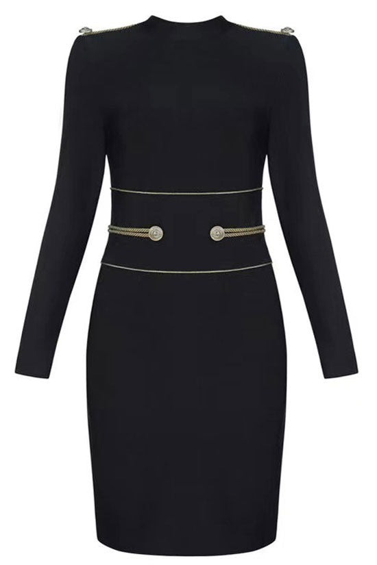 Mock Noble Neck Rope Trim Long Sleeve Bandage Bodycon Party Mini Dress - Black