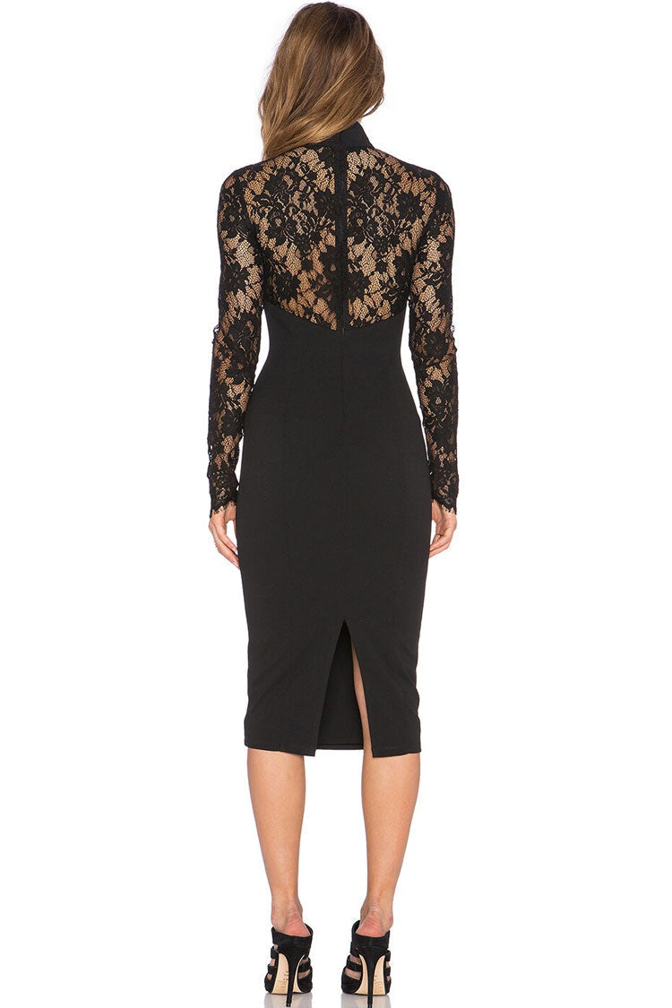 Lace Office Long Sleeve High Neck Cutout Bandage Midi Dress - Black