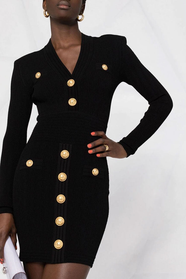 Button OL Trim Long Sleeve Winter Ribbed Sweater Mini Dress - Black