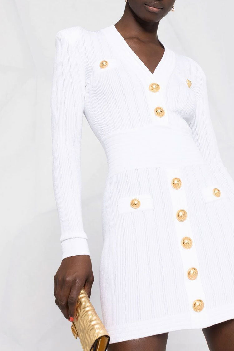 Button OL Trim Long Sleeve Winter Ribbed Sweater Mini Dress - White