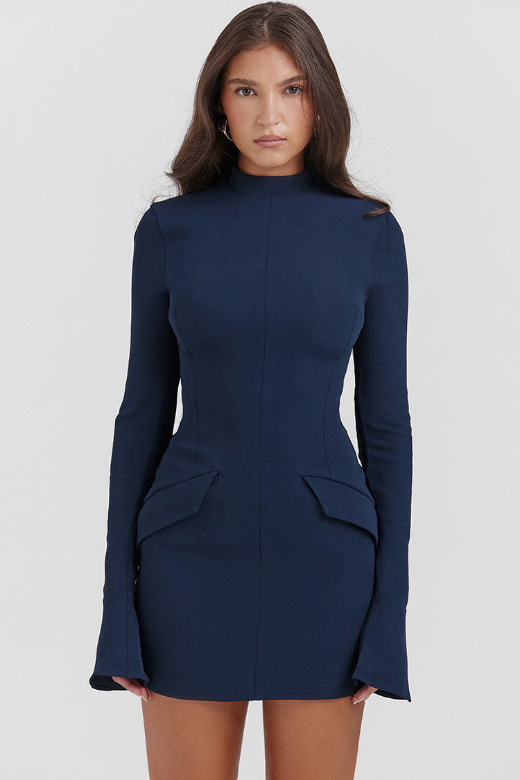 Mock OL Neck Bell Sleeve Flap Pocket Bodycon Party Mini Dress - Navy Blue