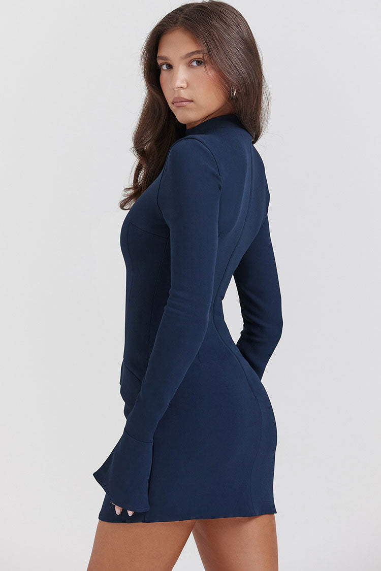 Mock OL Neck Bell Sleeve Flap Pocket Bodycon Party Mini Dress - Navy Blue