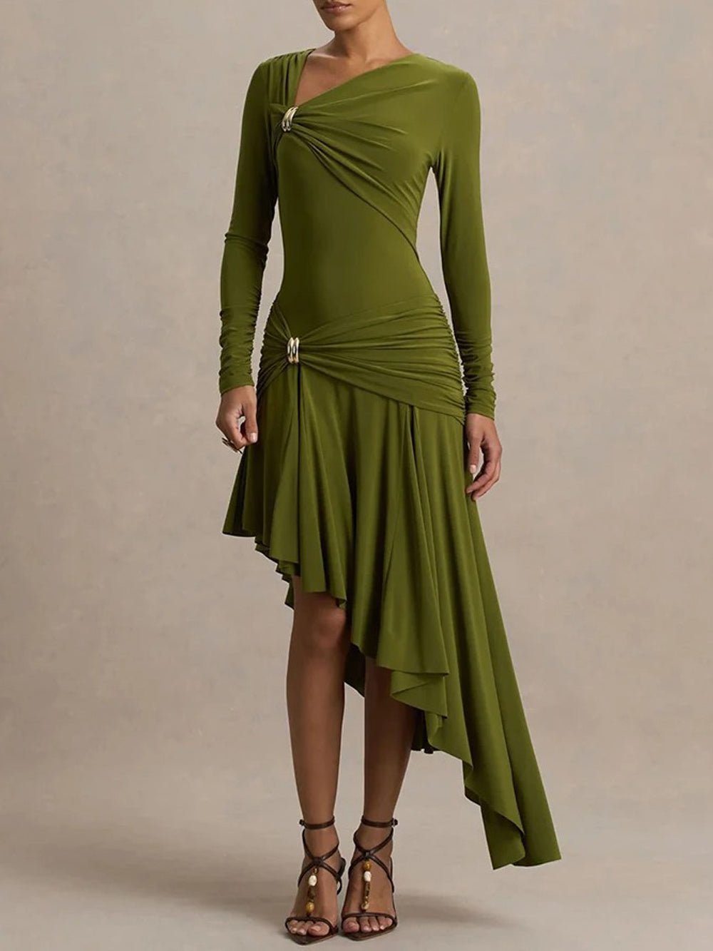 Asymmetric Olivia Ruched Midi Dress
