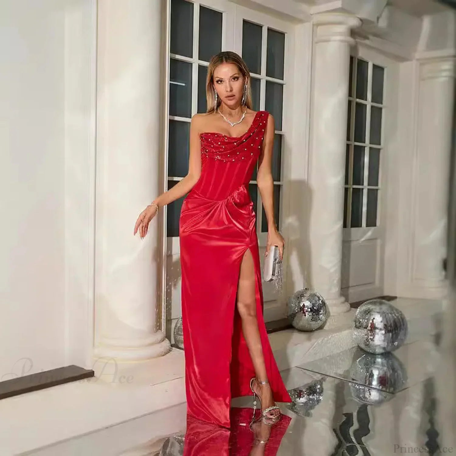 One Shoulder Pleated Graceful Ruched Party Prom Dress