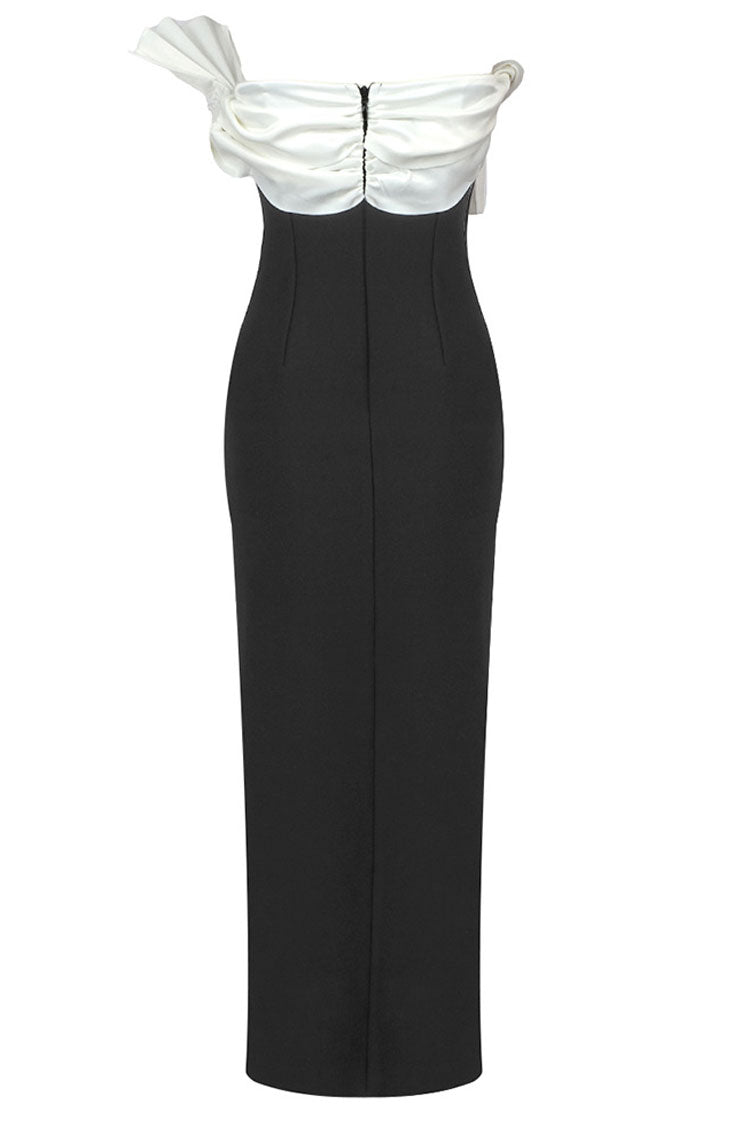 Pleated Oriental Fan Contrast Strapless Side Split Cocktail Party Midi Dress - Black