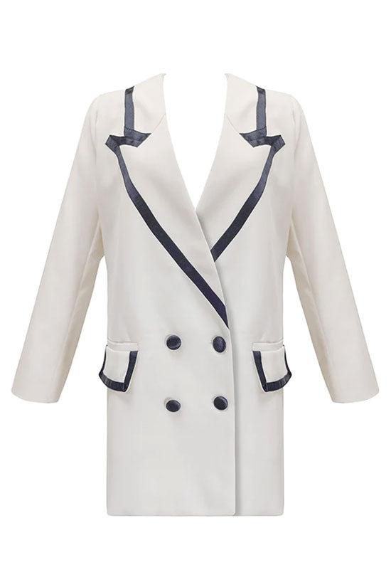 Contrast Oversized Label Long Sleeve Double Breasted Blazer Mini Dress - White