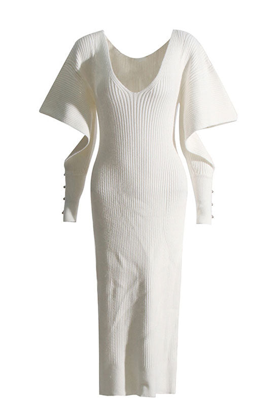 Cutout Oversized Buttoned Long Sleeve V Neck Rib Knit Sweater Mini Dress - Beige