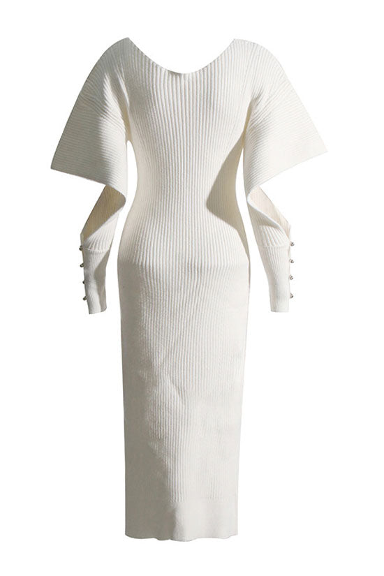 Cutout Oversized Buttoned Long Sleeve V Neck Rib Knit Sweater Mini Dress - Beige