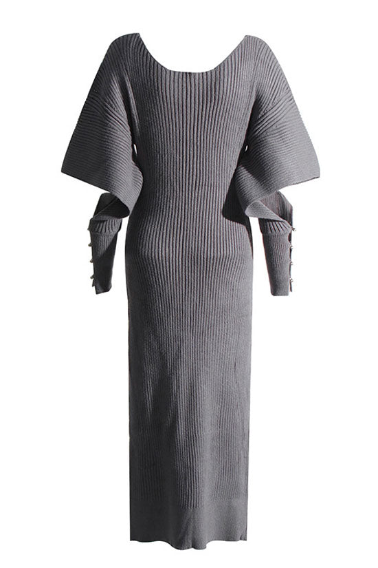 Cutout Oversized Buttoned Long Sleeve V Neck Rib Knit Sweater Mini Dress - Dark Gray