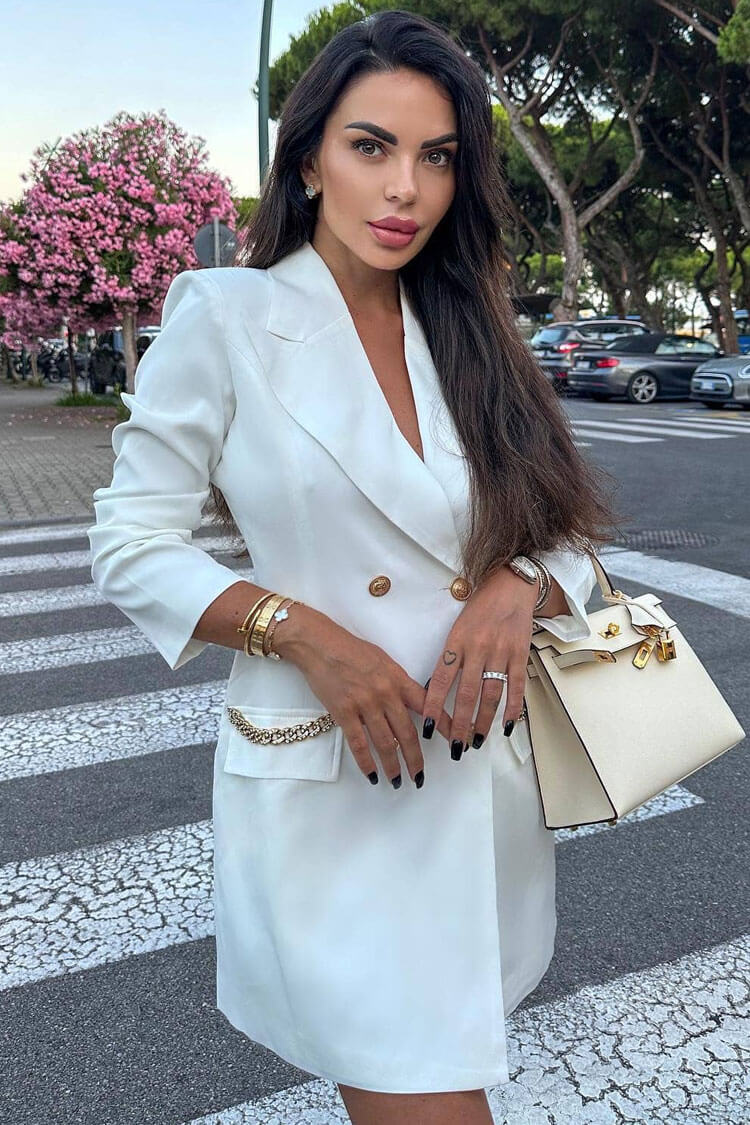 Notched Oversized Lapel Long Sleeve Chained Bodycon Blazer Mini Dress - White
