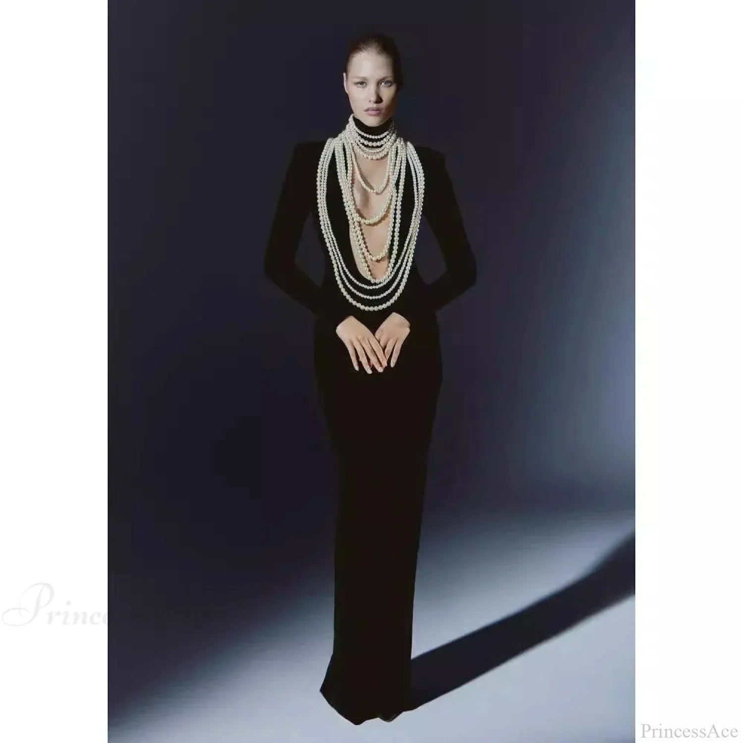 Pearl Embellished Sheer Sleeved Prom Dress
