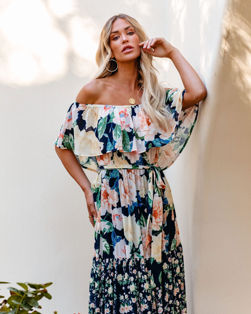 Petal Power Floral Off The Shoulder Maxi Dress Navy