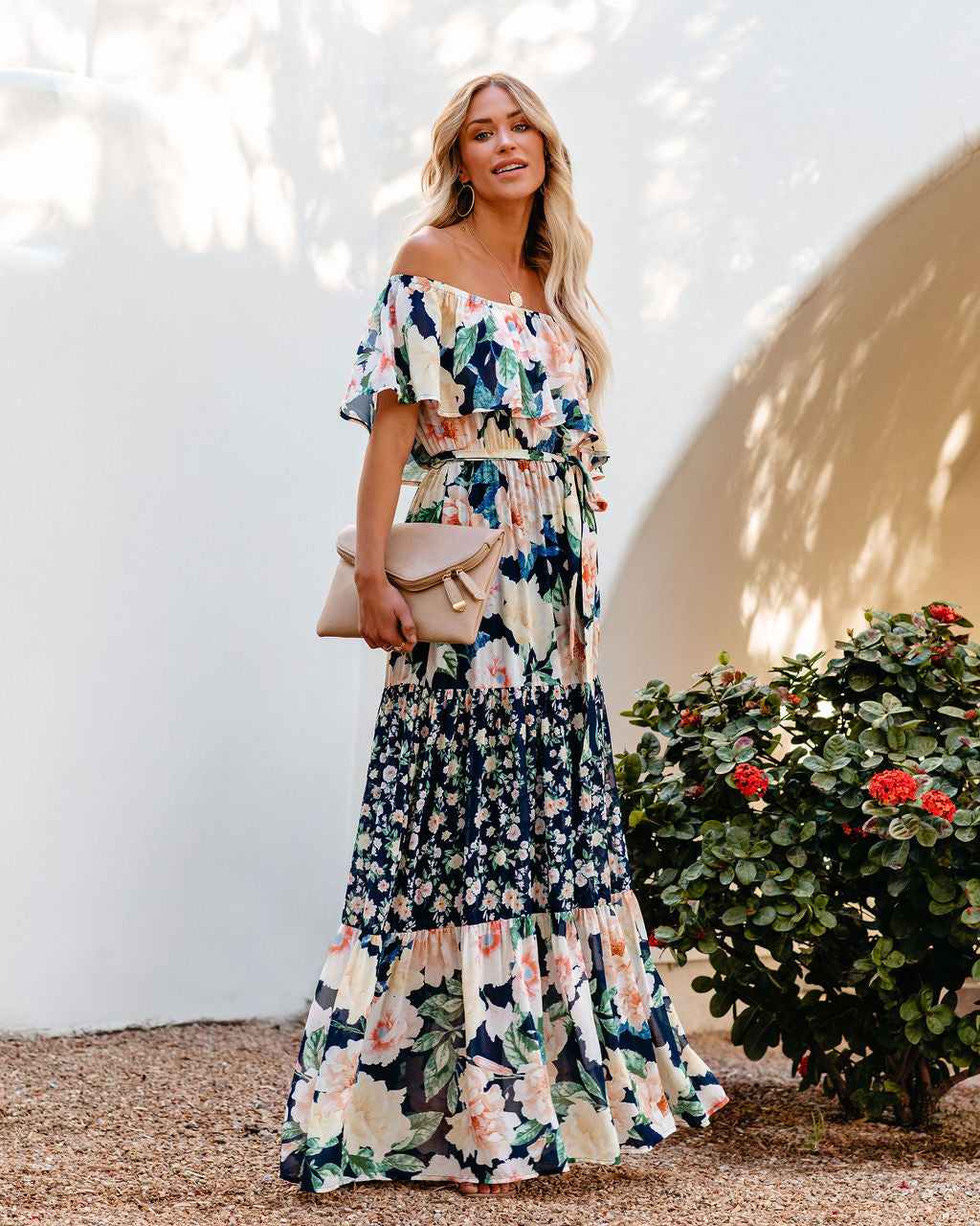 Petal Power Floral Off The Shoulder Maxi Dress Navy