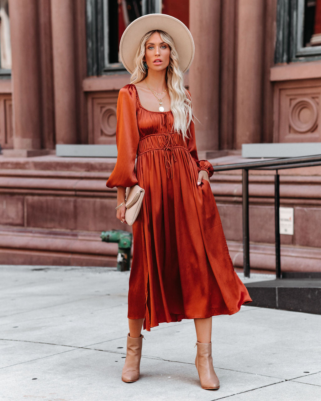 Satin Pines Pocketed Drawstring Midi Dress FINAL