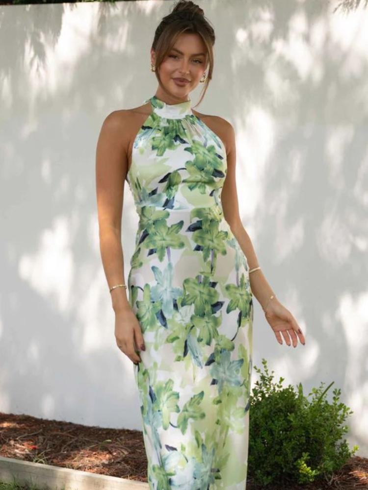 Minimalist Angélica Printed Halterneck Midi Dress in Backless Satin Evening Wear Edit