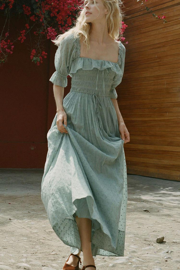 Dot Polka Ruffle Square Neck Smocked Midi Dress - Sage Green