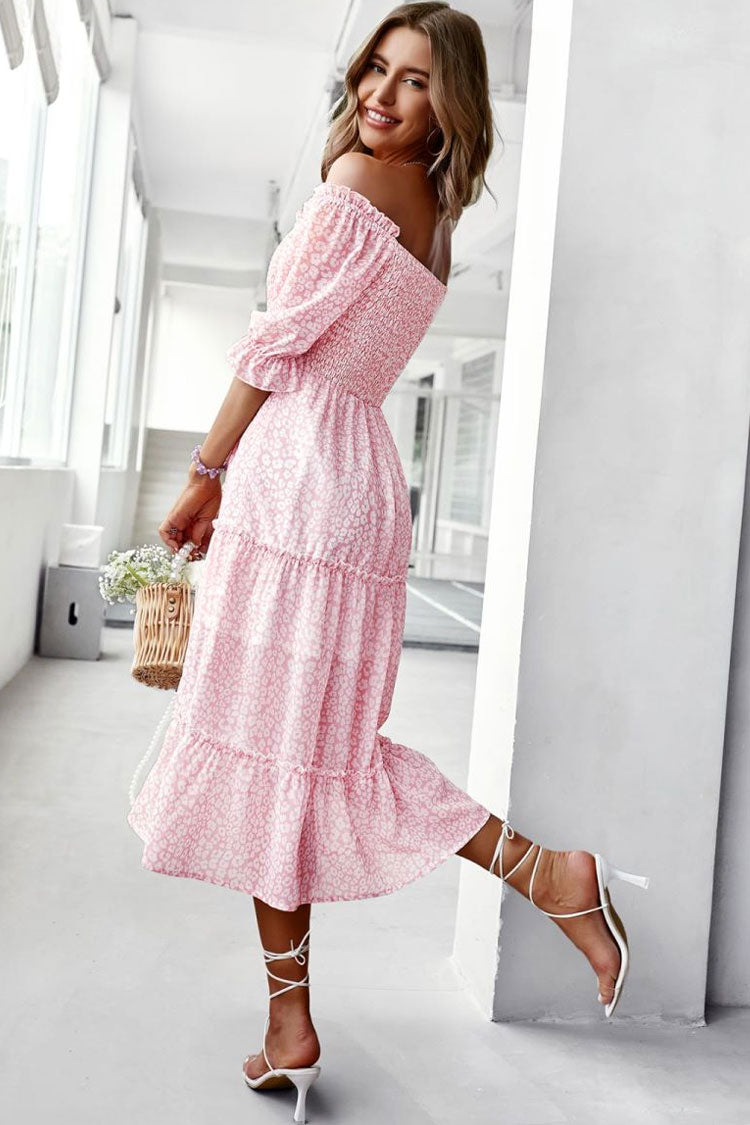 Prairie Off Shoulder Smocked Bloom Printed Boho Chic Midi Dress - Pink