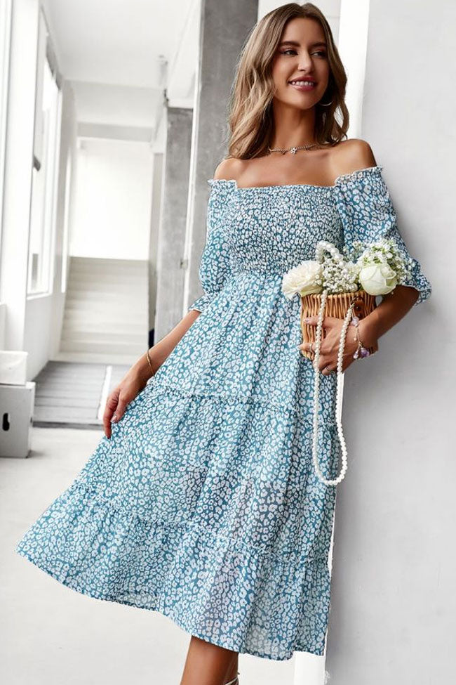 Prairie Off Shoulder Smocked Bloom Printed Boho Chic Midi Dress - Teal