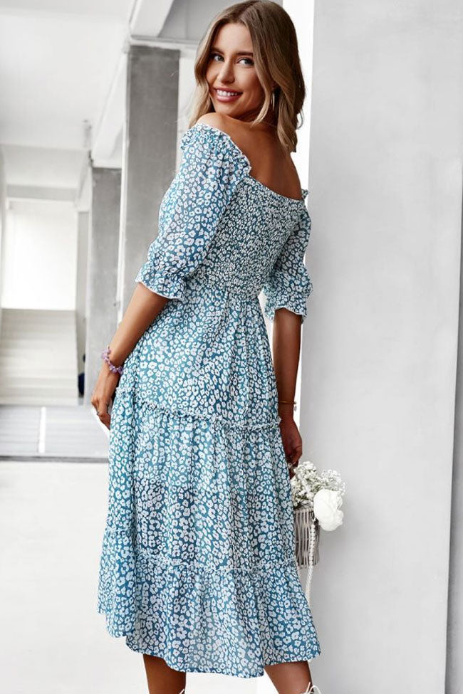 Prairie Off Shoulder Smocked Bloom Printed Boho Chic Midi Dress - Teal