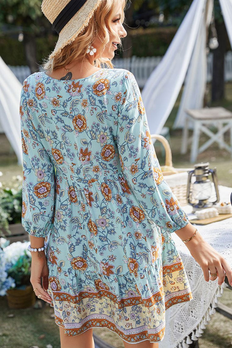 Prairie Tie Neck Half Button Botanical Printed Boho Chic Mini Dress - Blue
