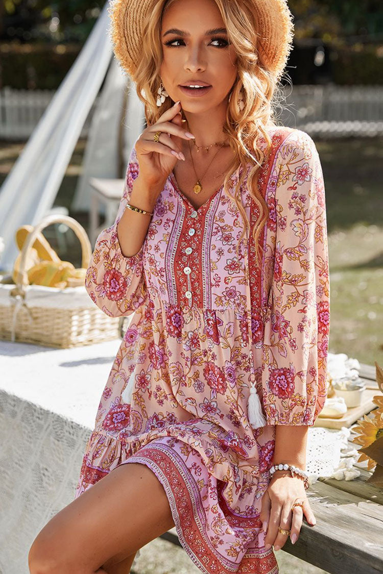 Prairie Tie Neck Half Button Botanical Printed Boho Chic Mini Dress - Pink
