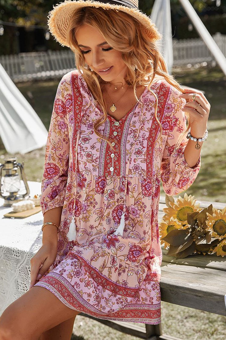 Prairie Tie Neck Half Button Botanical Printed Boho Chic Mini Dress - Pink
