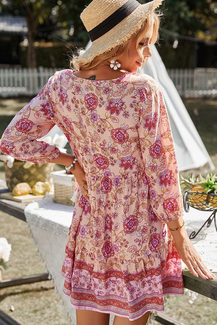 Prairie Tie Neck Half Button Botanical Printed Boho Chic Mini Dress - Pink