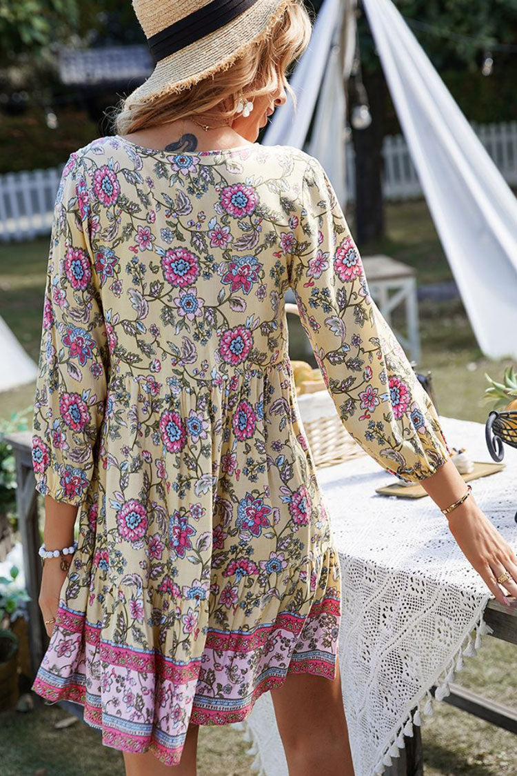 Prairie Tie Neck Half Button Botanical Printed Boho Chic Mini Dress - Yellow