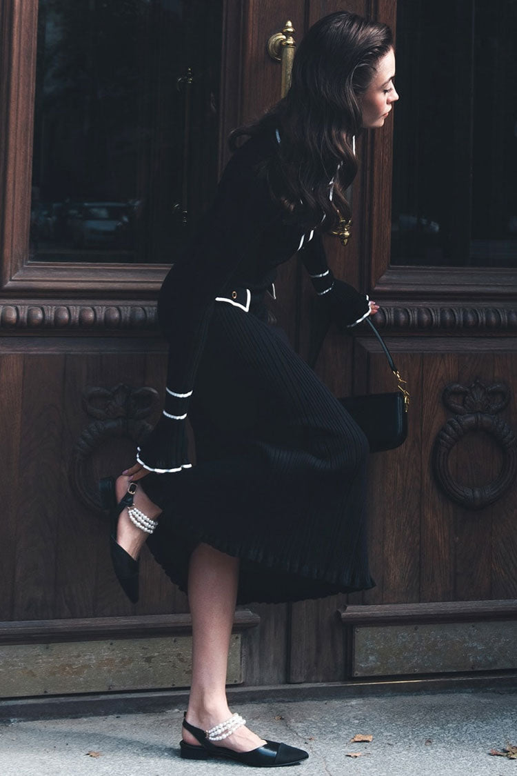 Chic Preppy Contrast Collar Button Up Long Sleeve Ribbed Knit Sweater Midi Dress - Black