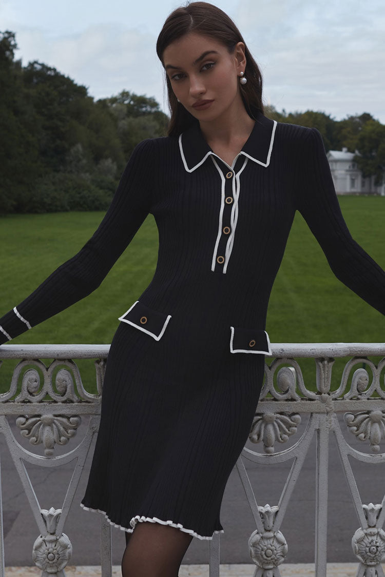 Chic Preppy Contrast Collar Button Up Long Sleeve Ribbed Knit Sweater Mini Dress - Black