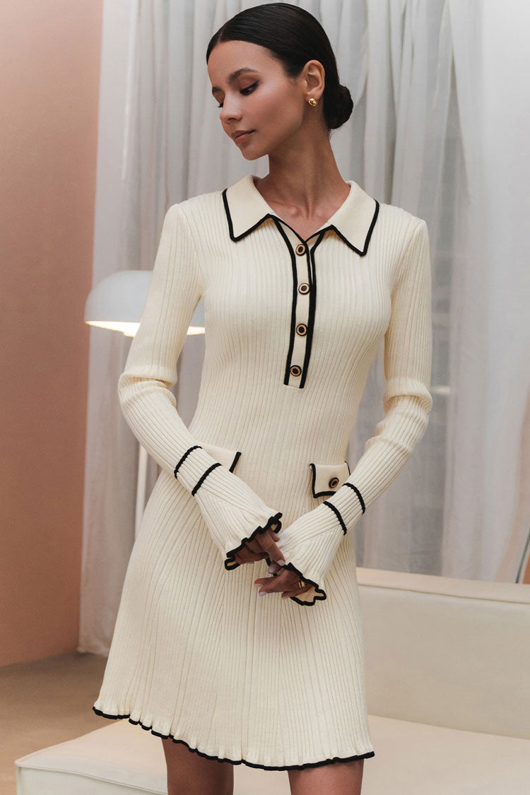 Chic Preppy Contrast Collar Button Up Long Sleeve Ribbed Knit Sweater Mini Dress - Beige