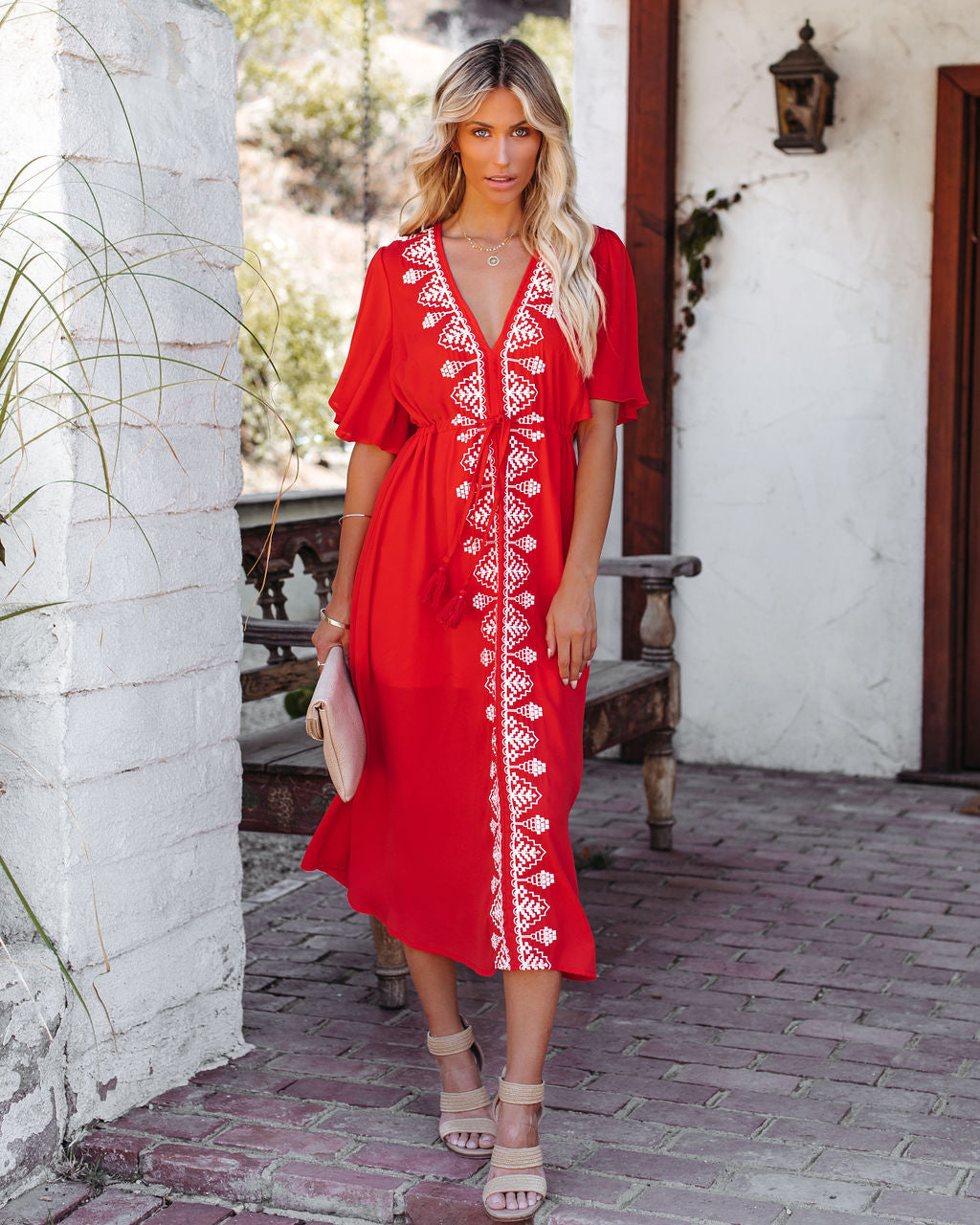 Embroidered Presidio Tassel Midi Dress Tomato Red