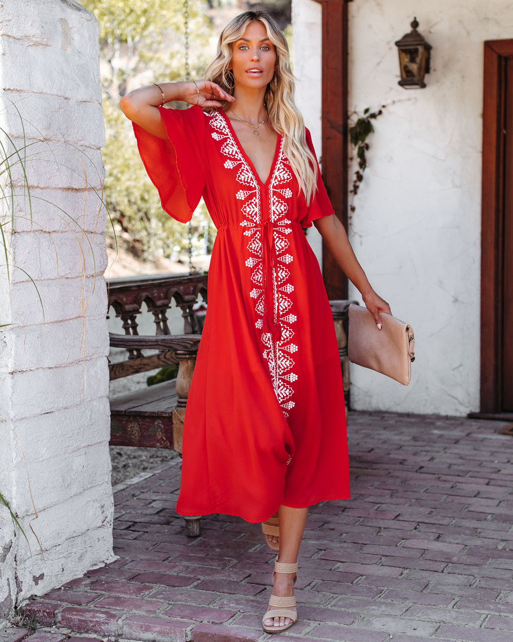 Embroidered Presidio Tassel Midi Dress Tomato Red