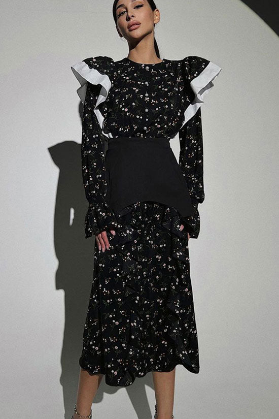 Pretty Crew Neck Ruffle Long Sleeve Belted Bloom Printed Midi Dress - Black