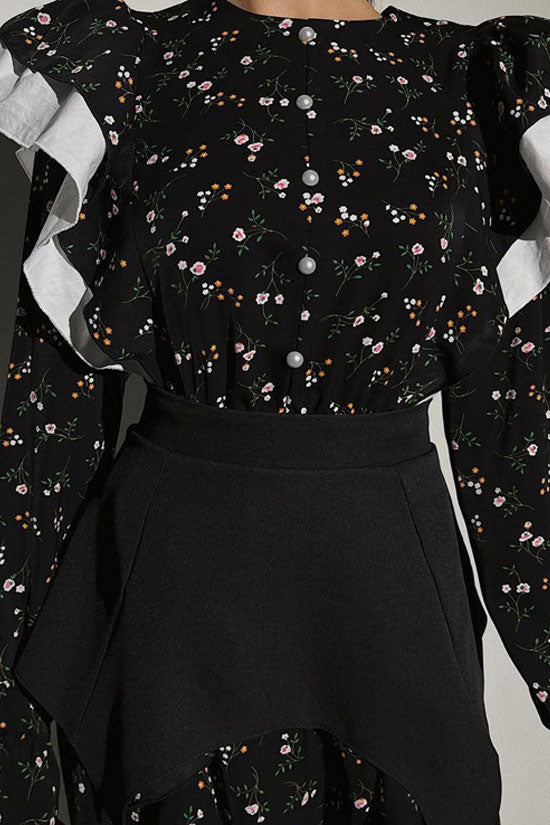Pretty Crew Neck Ruffle Long Sleeve Belted Bloom Printed Midi Dress - Black