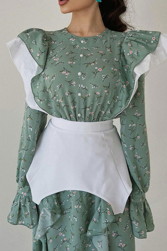 Pretty Crew Neck Ruffle Long Sleeve Belted Bloom Printed Midi Dress - Green