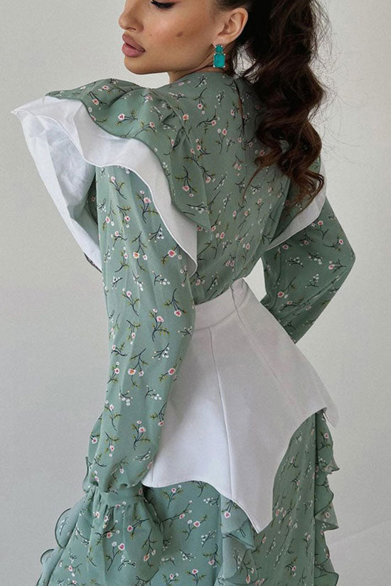Pretty Crew Neck Ruffle Long Sleeve Belted Bloom Printed Midi Dress - Green