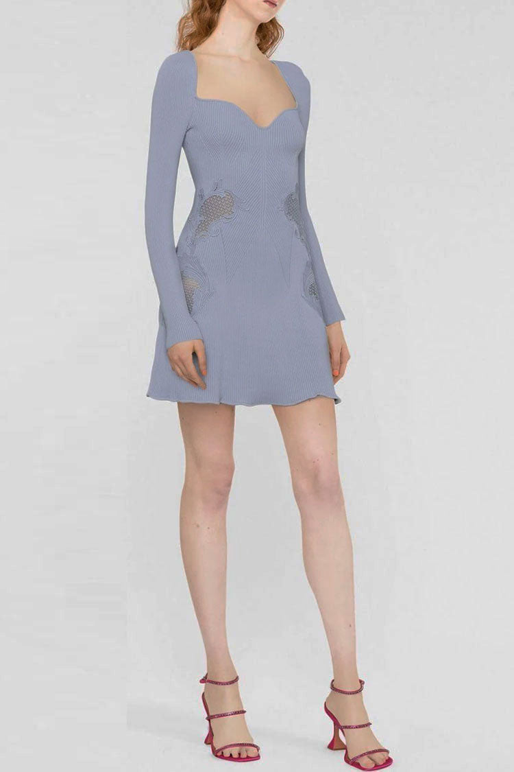 Sweetheart Pretty Long Sleeve Lace Trim Cashmere Sweater Mini Dress - Blue