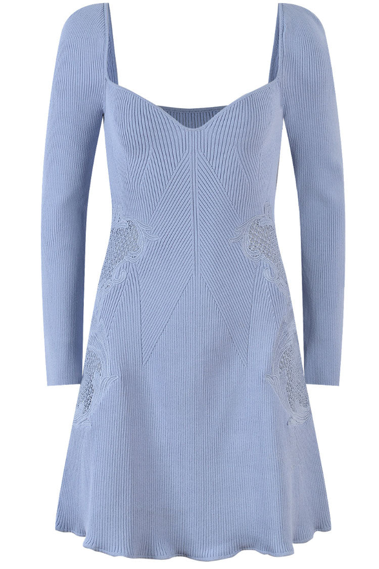 Sweetheart Pretty Long Sleeve Lace Trim Cashmere Sweater Mini Dress - Blue