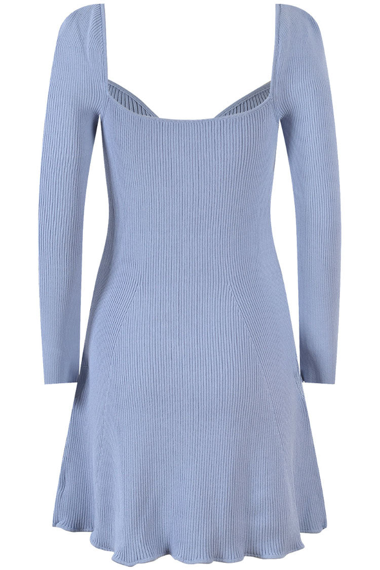 Sweetheart Pretty Long Sleeve Lace Trim Cashmere Sweater Mini Dress - Blue