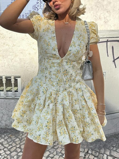 Yellow French Botanical Deep V Bubble Short Sleeve Mini Dress
