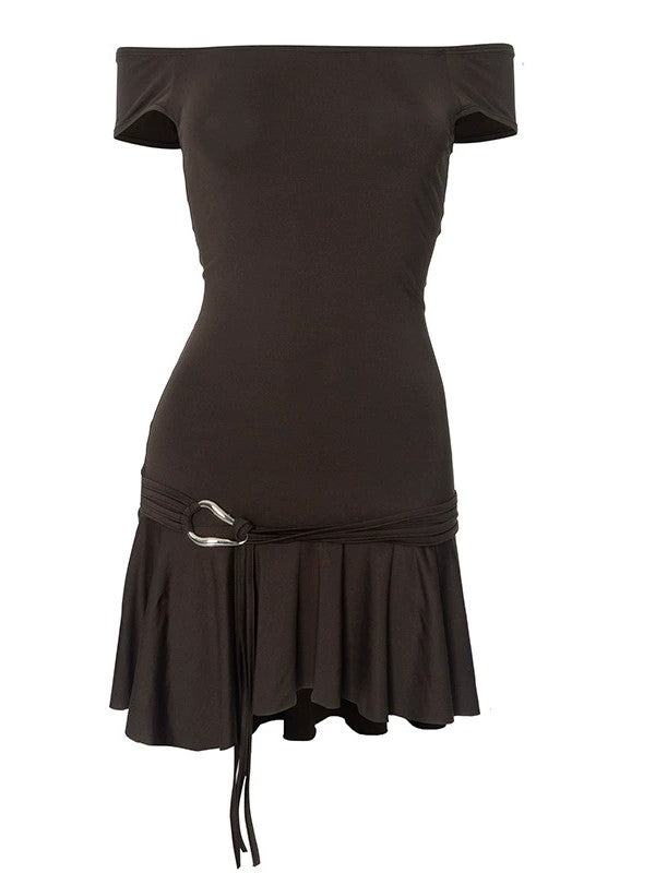 Strapless Brown Ruffle Mini Dress with Strappy Design