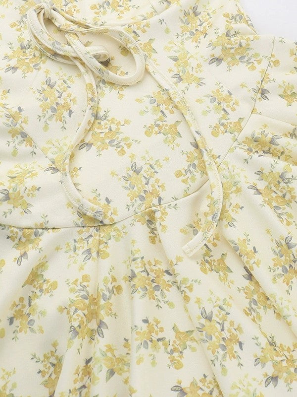 Yellow French Botanical Deep V Bubble Short Sleeve Mini Dress