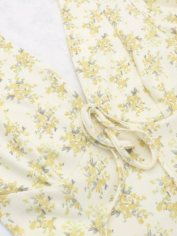 Yellow French Botanical Deep V Bubble Short Sleeve Mini Dress