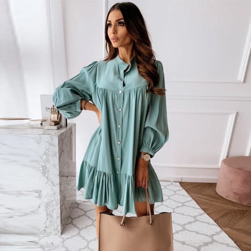 Women Vintage Ruffled Front Button Aline Dress Long Sleeve Stand Collar Solid Sophisticated Casual Mini Dress Autumn New Dress