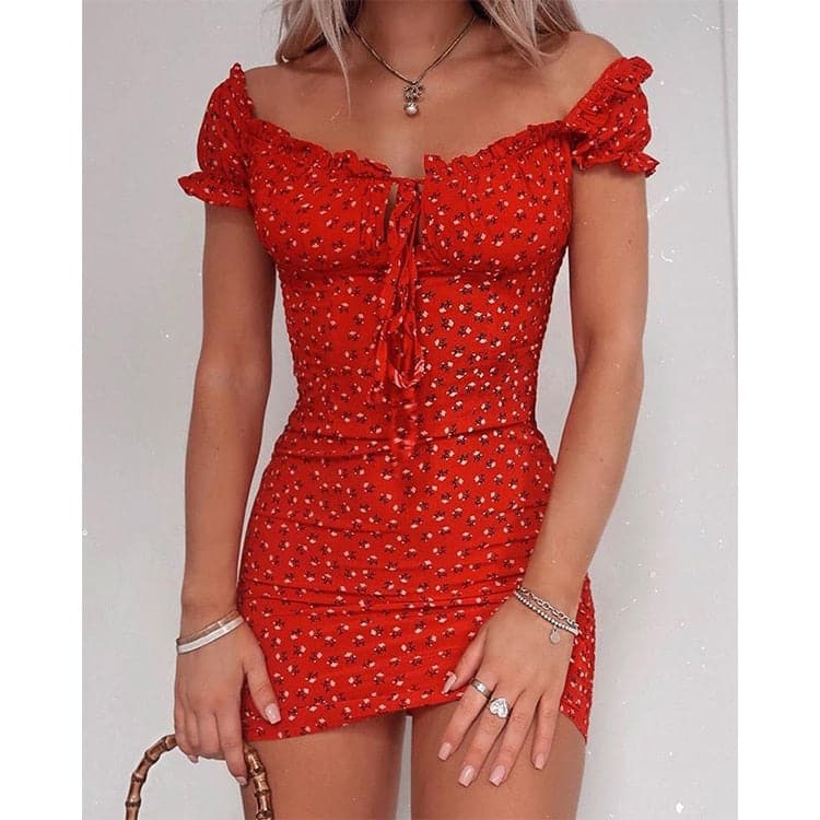 Flower Wrap Off Shoulder Tie Up Front Ruffle Slash Neck Dress