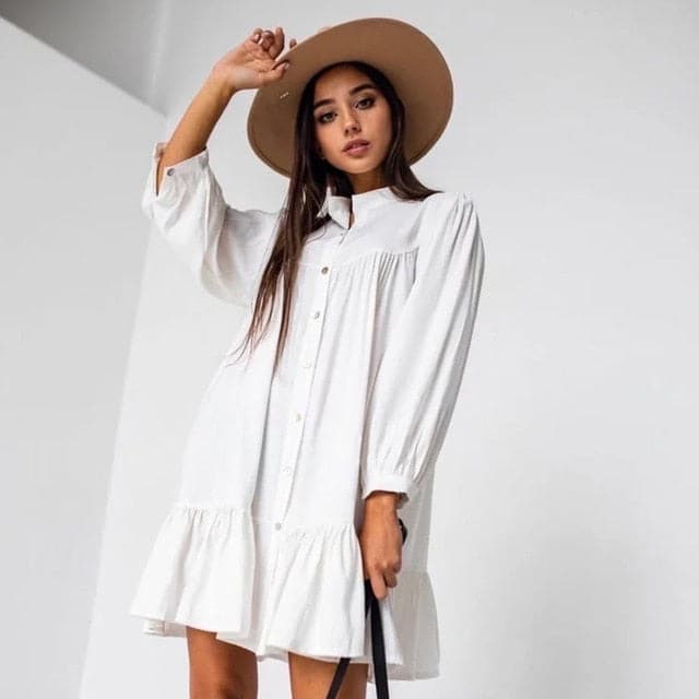 Women Vintage Ruffled Front Button Aline Dress Long Sleeve Stand Collar Solid Sophisticated Casual Mini Dress Autumn New Dress
