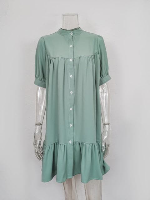 Women Vintage Ruffled Front Button Aline Dress Long Sleeve Stand Collar Solid Sophisticated Casual Mini Dress Autumn New Dress